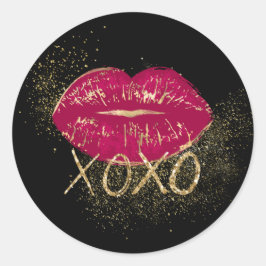 Black Red Lips Kiss Gold Glitzer XOXO Runder Aufkleber