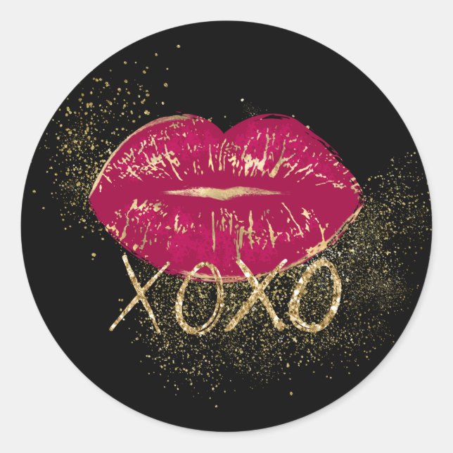 Black Red Lips Kiss Gold Glitzer XOXO Runder Aufkleber (Vorderseite)