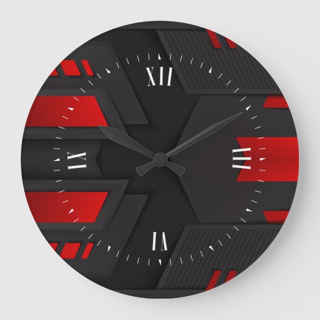 Black & Red Metallic Geometric Design Große Wanduhr (Vorderseite)