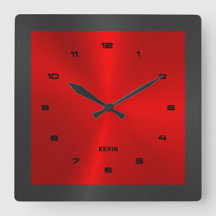 Black & Red & Metallic Stainless Steel Square W Quadratische Wanduhr