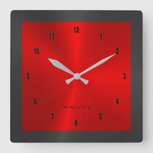 Black & Red & Metallic Stainless Steel Square W Quadratische Wanduhr
