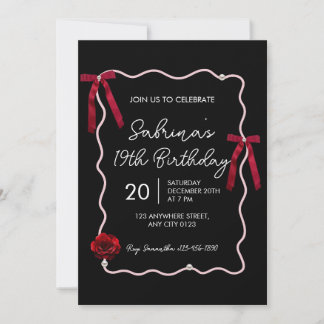 Black Red Modern Coquette 19th Birthday Invitation Einladung
