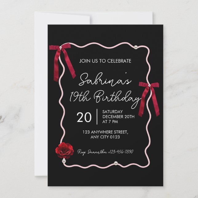 Black Red Modern Coquette 19th Birthday Invitation Einladung (Vorderseite)