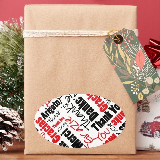 Black Red Multilingual Danke Typografy Cloud Ovaler Aufkleber (Feiertag)