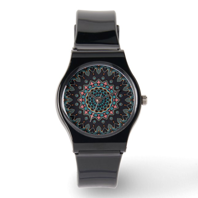 Black Red Orange Blue Boho Mandala Armbanduhr (Vorderseite)