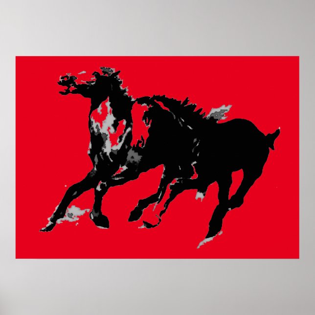 Black Red Pop Art Running Ross Silhouetten Poster (Vorne)