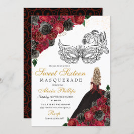 Black Red Princess Tiara Masquerade Sweet 16 Einladung