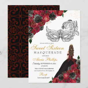 Black Red Princess Tiara Masquerade Sweet 16 Einladung