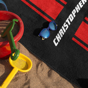 Black Red Racing Stripes Gold Mit Monogramm Pool Strandtuch
