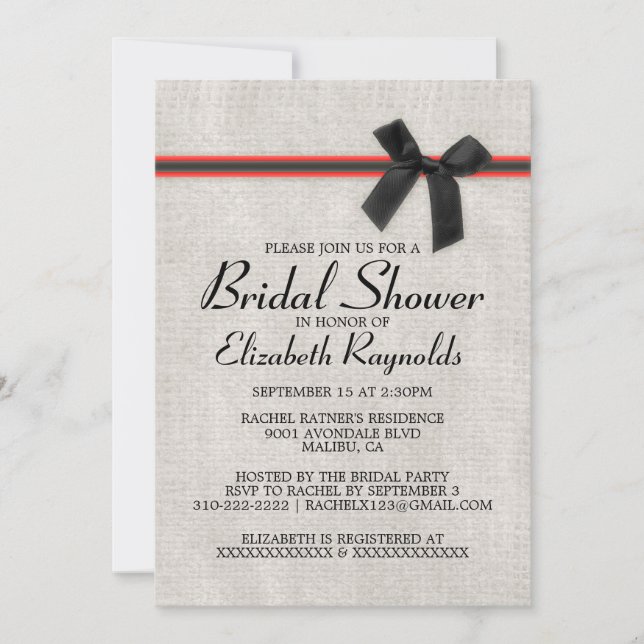 Black Red Rustic Burlap Bridal Dusche Einladungen (Vorderseite)