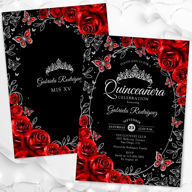 Black Red Silver Quinceanera Einladung (Von Creator hochgeladen)