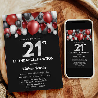 Black Red Silver & White 21. Geburtstag Einladung