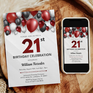 Black Red Silver & White 21. Geburtstag Einladung