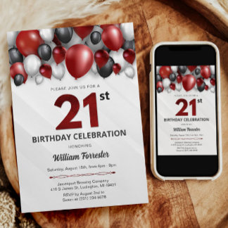 Black Red Silver & White 21. Geburtstag Einladung