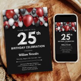 Black Red Silver & White 25. Geburtstag Einladung