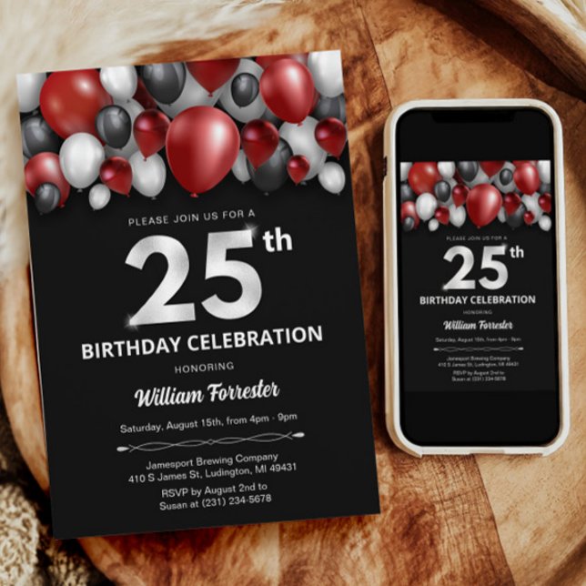 Black Red Silver & White 25. Geburtstag Einladung (Black Red Silver & White 25th Birthday Invitation)