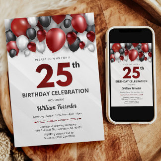Black Red Silver & White 25. Geburtstag Einladung