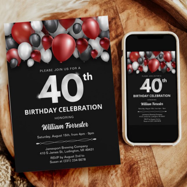Black Red Silver & White 40. Geburtstag Einladung (Black Red Silver & White 40th Birthday Invitation)