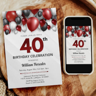 Black Red Silver & White 40. Geburtstag Einladung