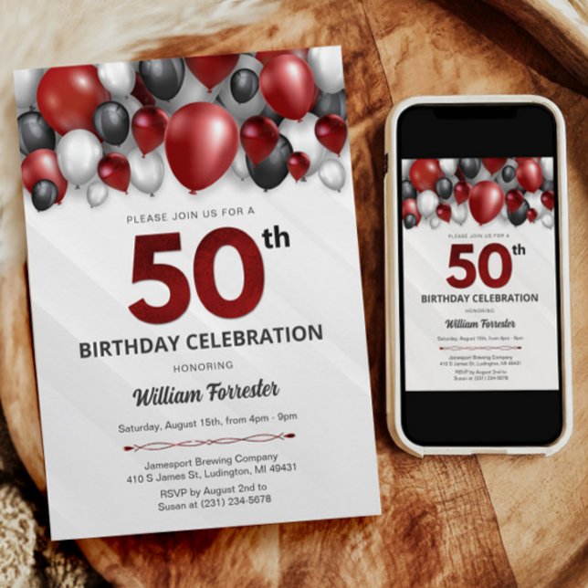Black Red Silver & White 50. Geburtstag Einladung (Black Red Silver & White 50th Birthday Invitation)