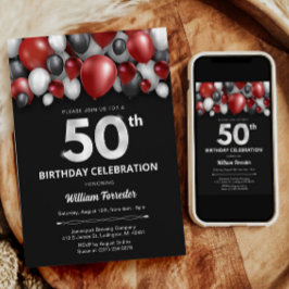Black Red Silver & White 50. Geburtstag Einladung