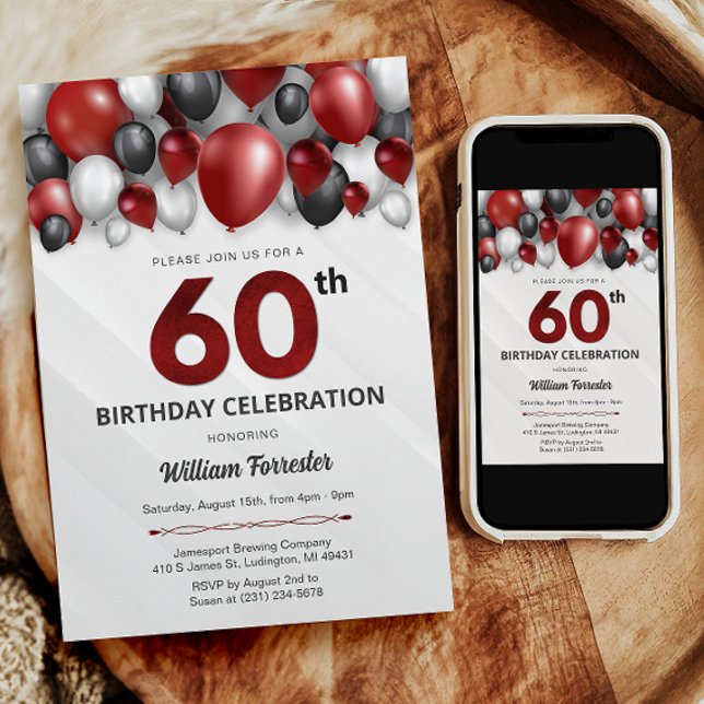 Black Red Silver & White 60. Geburtstag Einladung (Black Red Silver & White 60th Birthday Invitation)