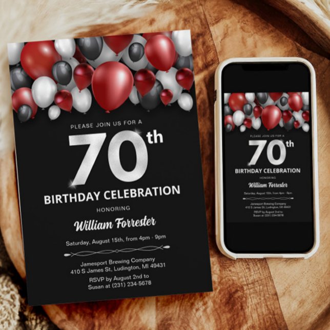 Black Red Silver & White 70. Geburtstag Einladung (Black Red Silver & White 70th Birthday Invitation)