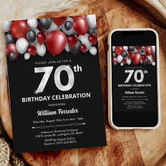 Black Red Silver & White 70. Geburtstag Einladung