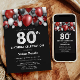 Black Red Silver & White 80. Geburtstag Einladung