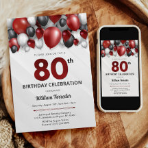 Black Red Silver & White 80. Geburtstag Einladung