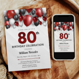 Black Red Silver & White 80. Geburtstag Einladung
