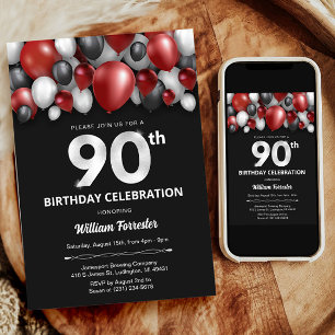 Black Red Silver & White 90. Geburtstag Einladung