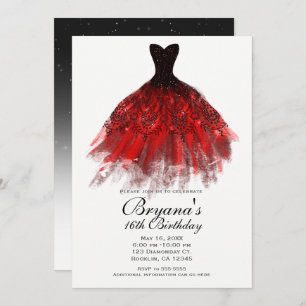 Black Red Sparkle Elegantes Kleid Geburtstagsparty Einladung