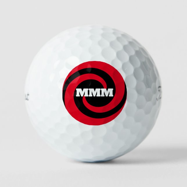 Black/Red Spiral Custom Monogram Golf Ball 3 Pack (Vorderseite)