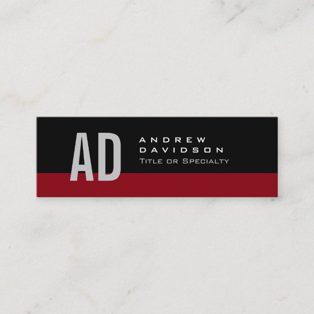 Black Red Strip Gray Monogram Slim Business Card Mini Visitenkarte (Vorderseite)