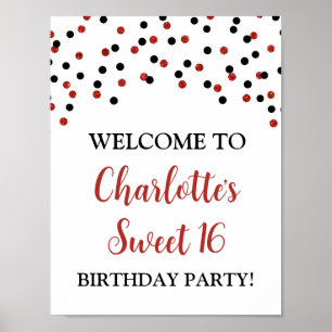 Black Red Sweet 16 Birthday Custom 8.5x11 Poster