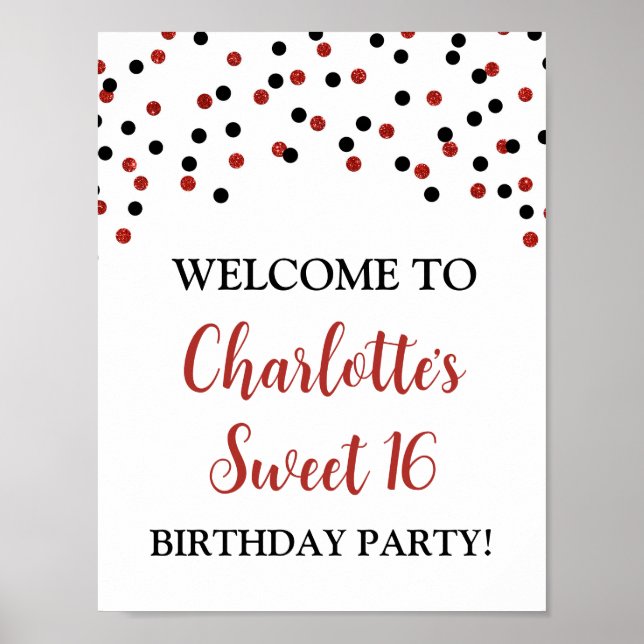 Black Red Sweet 16 Birthday Custom 8.5x11 Poster (Vorne)