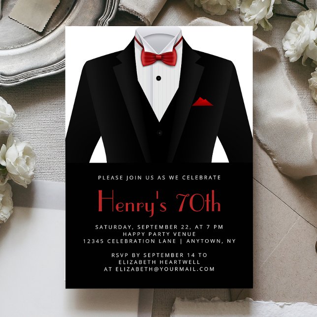 Black Red Tuxedo Mens 70th Birthday Party Einladung (Von Creator hochgeladen)