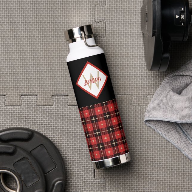 Black Red und Tan Lumberjack Kariert Mit Monogramm Trinkflasche (Fitnessstudio)