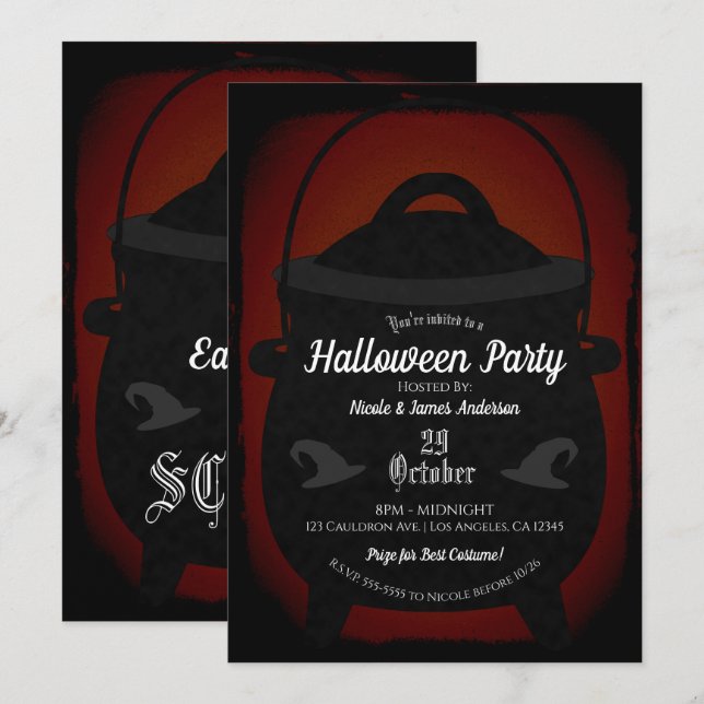 Black Red Vintag Hexe Cauldron Halloween-Party Einladung (Vorne/Hinten)