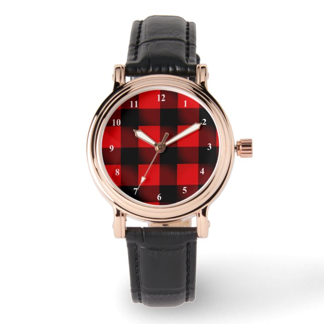 Black Red Watch Buffalo Karierter Karo Armbanduhr (Vorderseite)