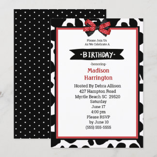 Black Red White Cow Print Birthday Einladung