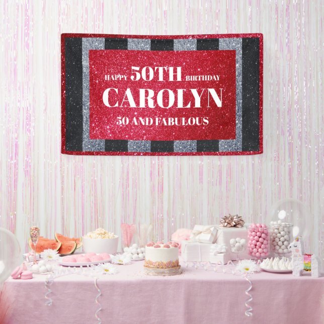 Black Red White Glitzern Birthday Party Banner (Party)