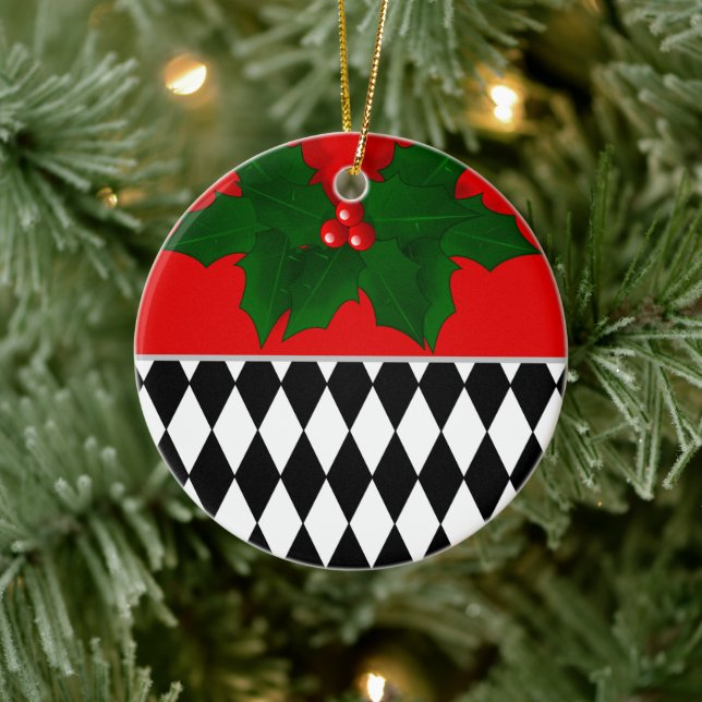 Black Red White Harlequin Pattern Weihnachten Keramik Ornament (Baum)