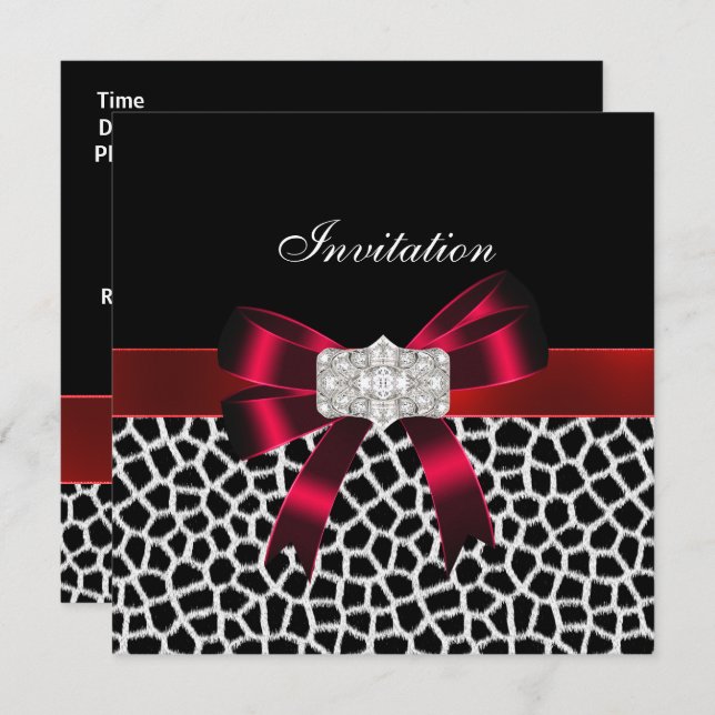 Black Red White Jewel Bow Einladung Tier Print (Vorne/Hinten)