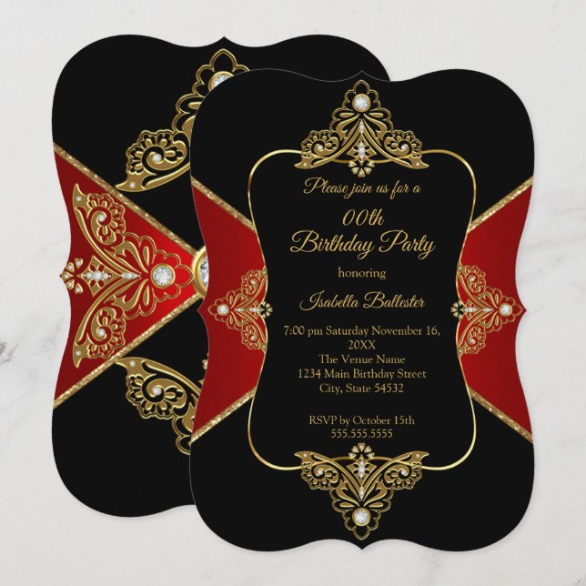 Black Red Women Birthday Party Gold Diamond Einladung (Vorne/Hinten)