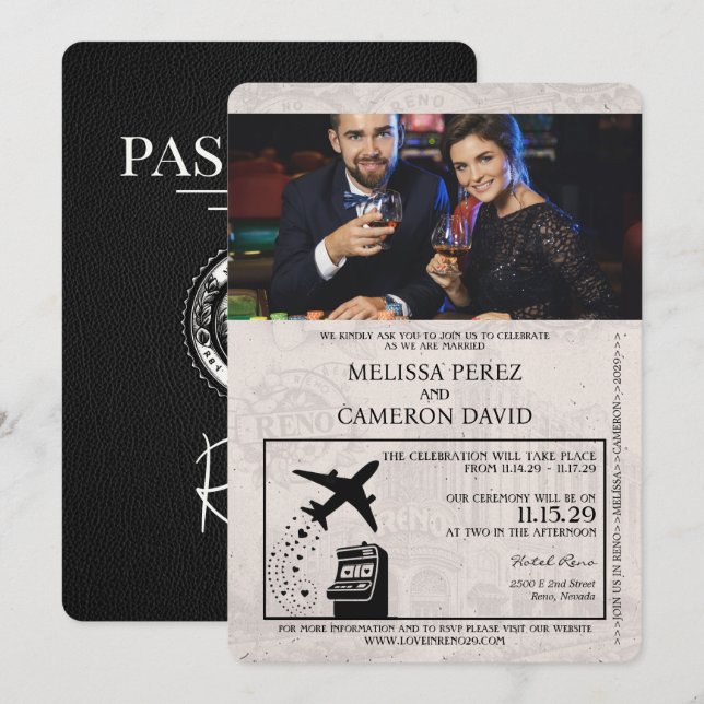Black Reno Passport Hochzeitseinladung Einladung (Vorne/Hinten)