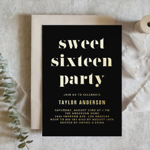 Black Retro Bold Typografie Sweet 16 Geburtstag Folieneinladung
