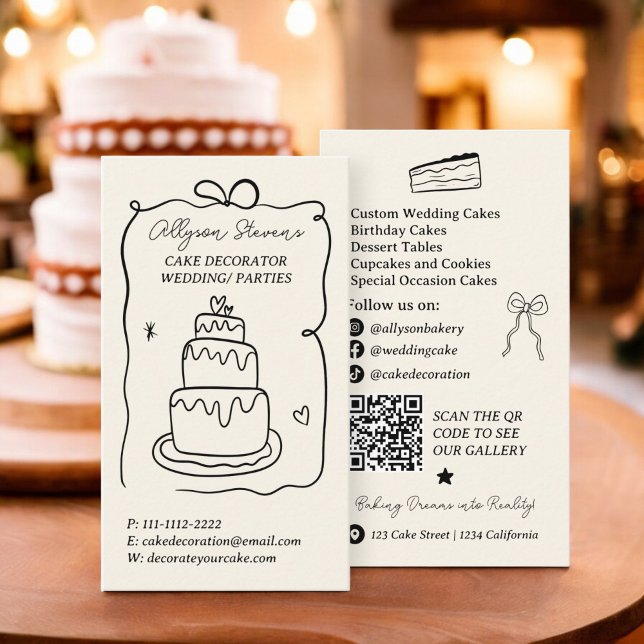 Black Retro French Scribble cake Dekorator qr Visitenkarte (Black Retro French Scribble cake decorator qr code Business Card)