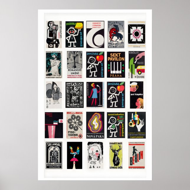 Black Retro matchbox labels wall art, grid Poster (Vorne)